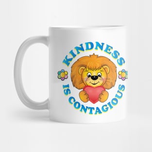 Kindness is contagious, positive quote, be kind life style, care, Little cute teddy lion gives a heart, with love. Be Kind. Cartoon style joyful illustration, kids gifts design Mug